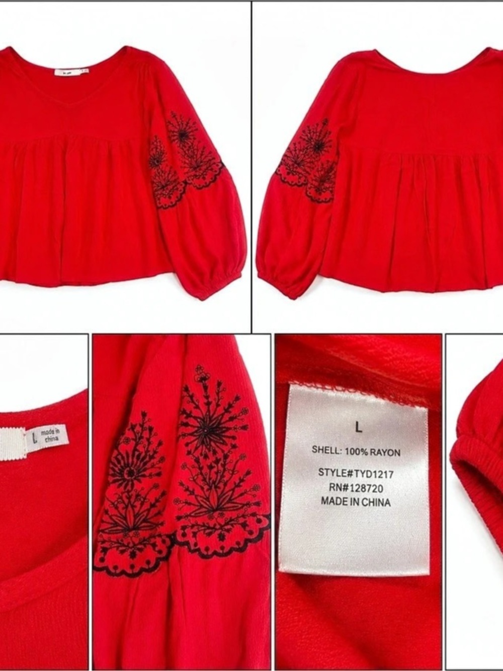 Mi Ami Women’s L Red Embroidered Balloon Sleeve Boho Long Crop Blouse Top